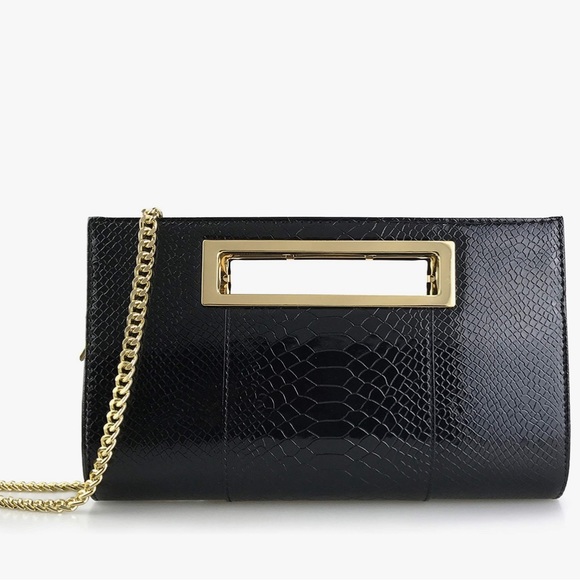 Classic Crocodile Pattern Faux Leather Metal Grip Clutch with Shoulder Strap - Picture 2 of 5